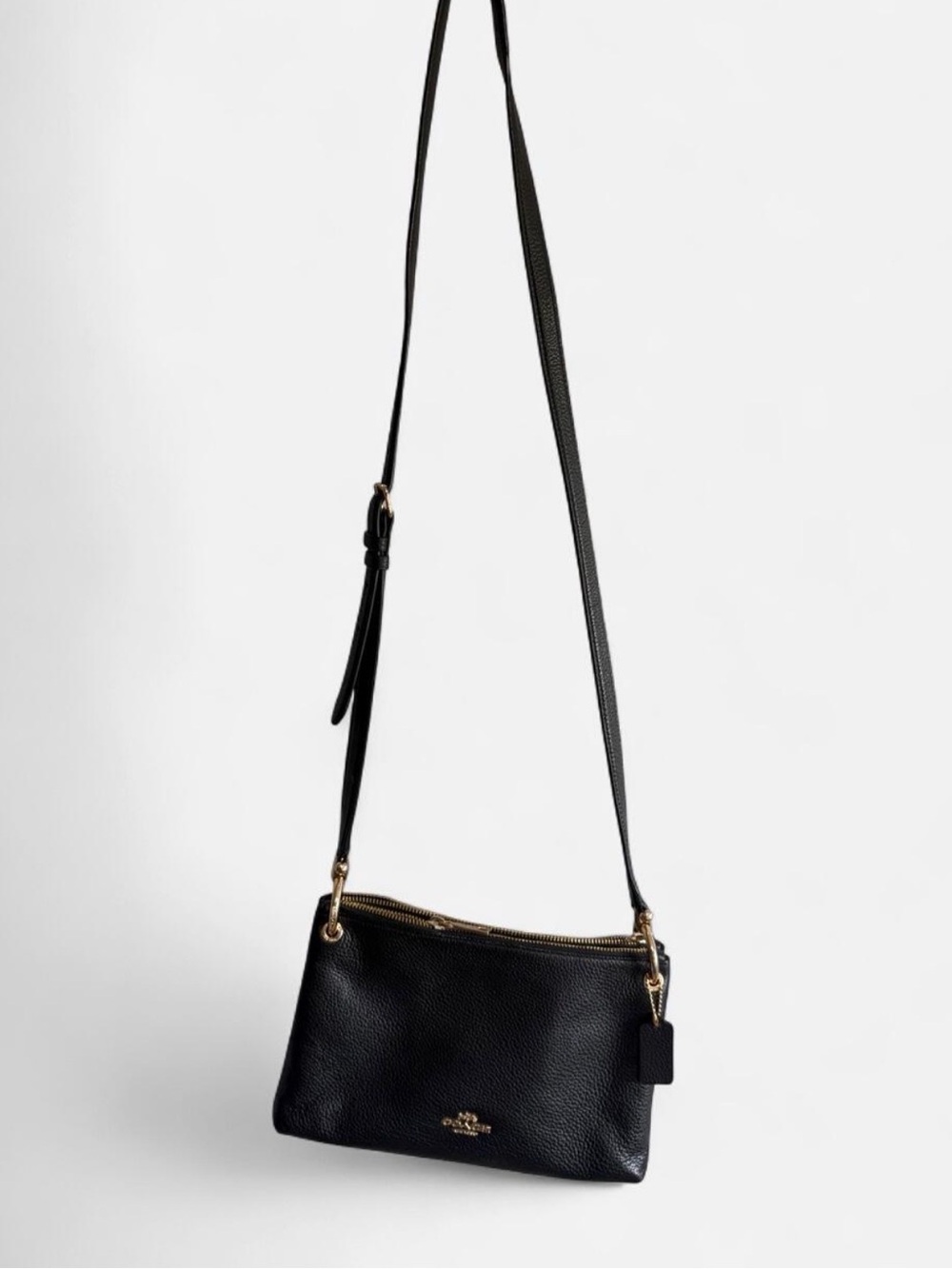 Coach Jes Black Pebbled Leather Double Zip Crossbody Gold Hardware